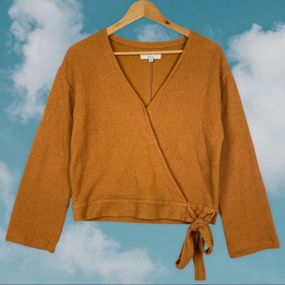 Madewell Texture & Thread Faux Wrap Tie Waist V Neck Bell Sleeve Top Burnt Cedar - Picture 12 of 12